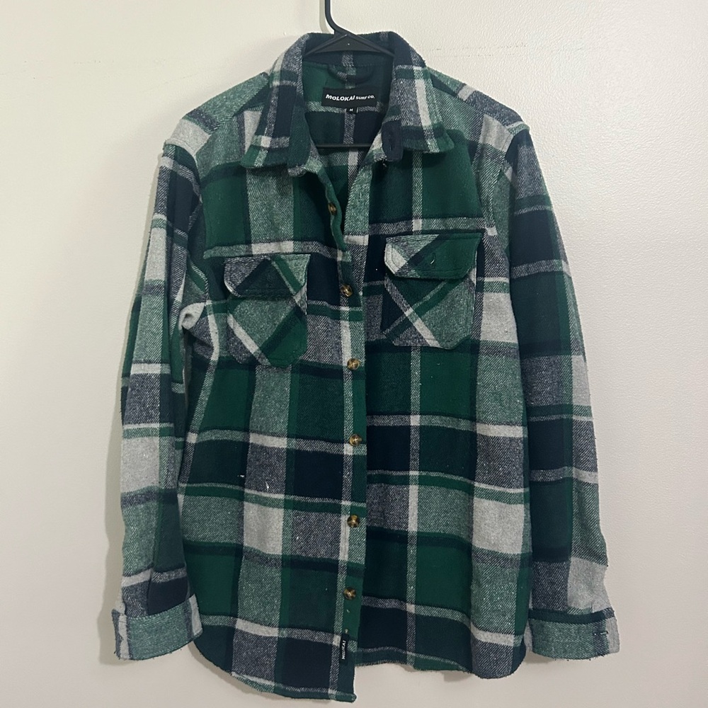 Green and Gray Plaid Flannel Shirt